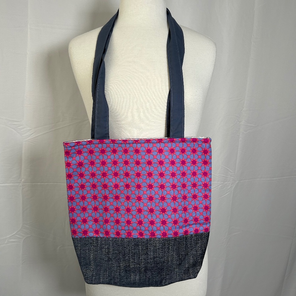 HAND-CRAFTED PURPLE AND PINK GEOMETRIC PRINT TOTE